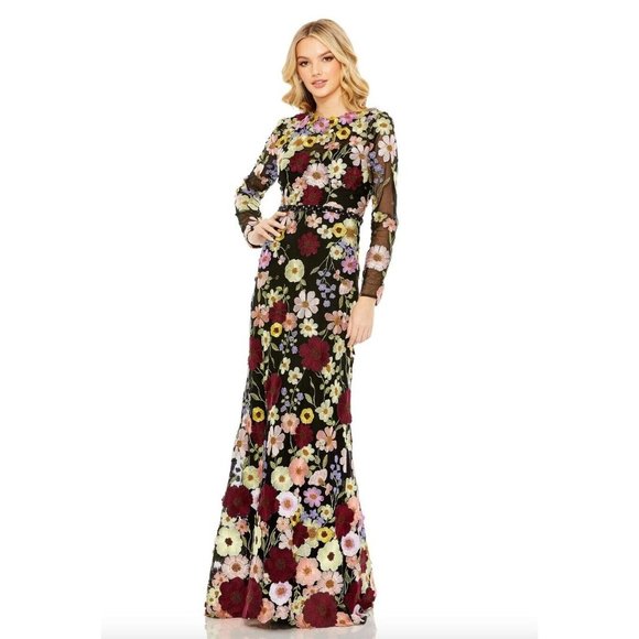 NWT MAC DUGGAL EMBROIDERED HIGH NECK LONG SLEEVED TRUMPET GOWN BLACK SZ 2 68201 - Picture 1 of 6